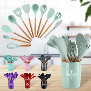 a set of 10 + pieces of multi color silicone wooden handle kitchen tools
