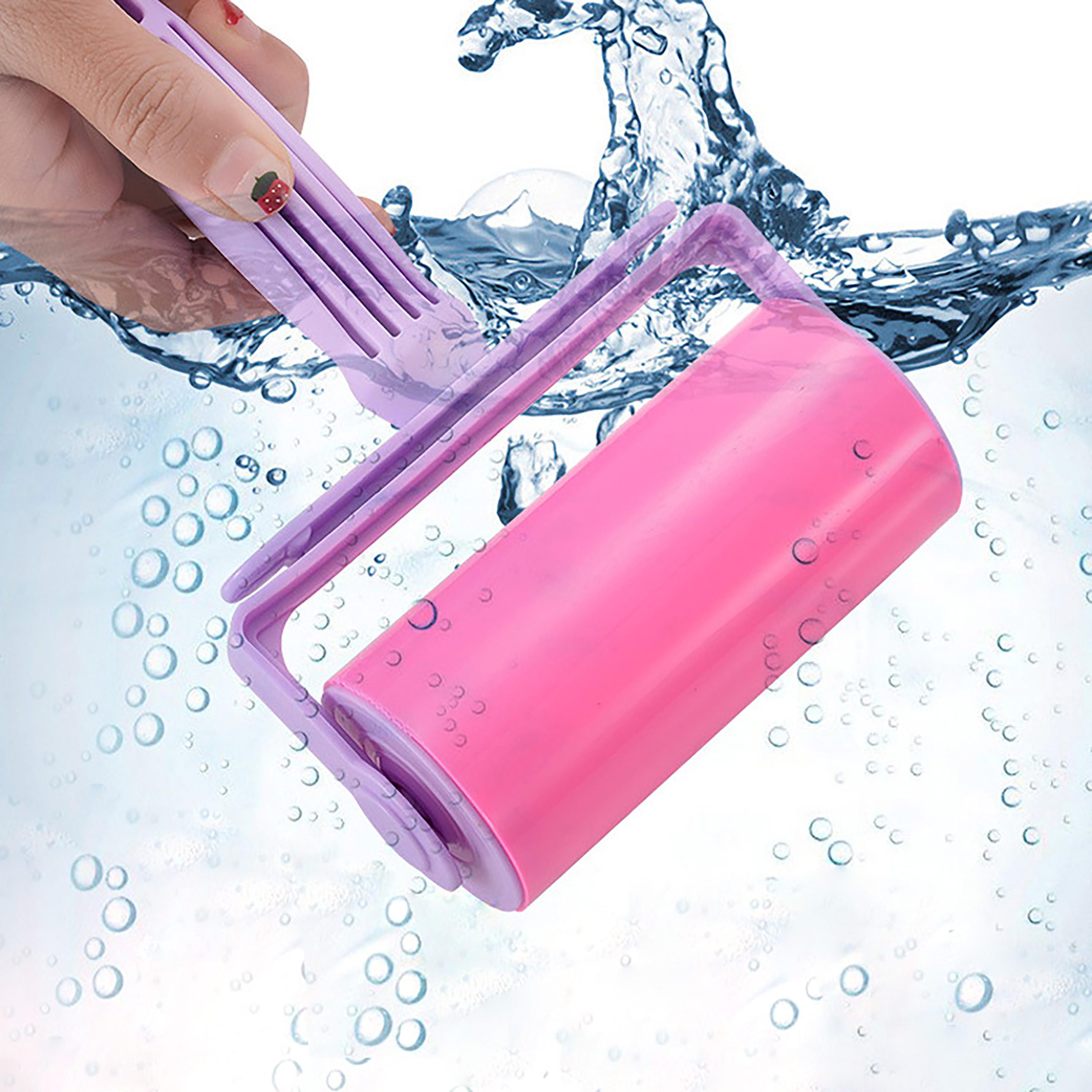 "purple handled powder cylinder" is a washable and reusable rubber bristle roller