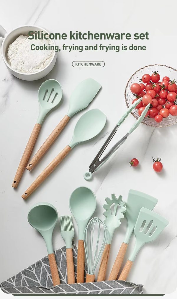 a set of 10 + pieces of multi color silicone wooden handle kitchen tools