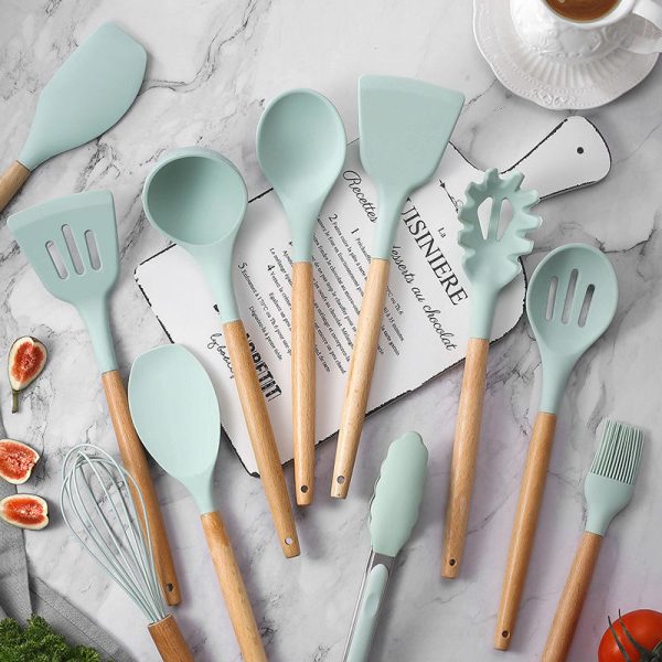 a set of 10 + pieces of multi color silicone wooden handle kitchen tools