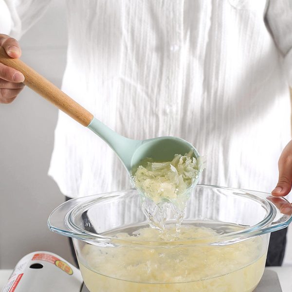 a set of 10 + pieces of multi color silicone wooden handle kitchen tools