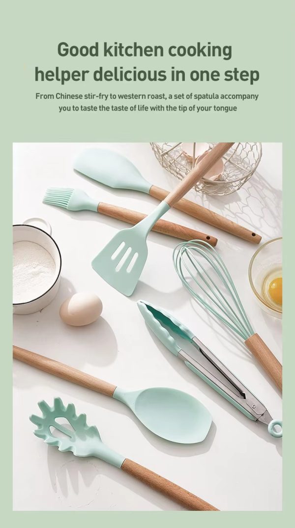 a set of 10 + pieces of multi color silicone wooden handle kitchen tools